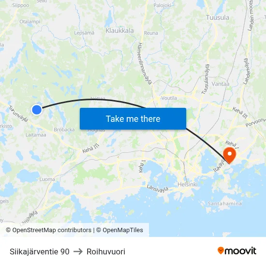 Siikajarventie 90 to Roihuvuori map