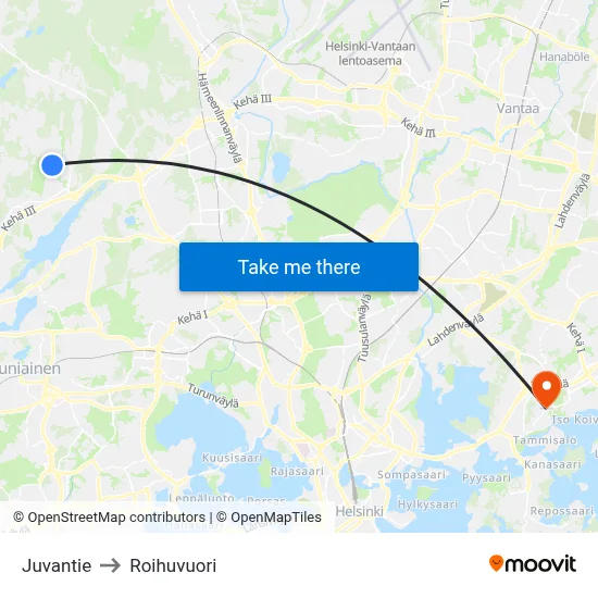 Juvantie to Roihuvuori map