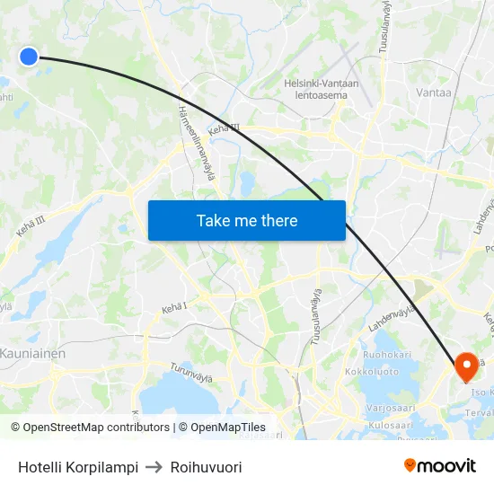 Hotel Korpilampi to Roihuvuori map