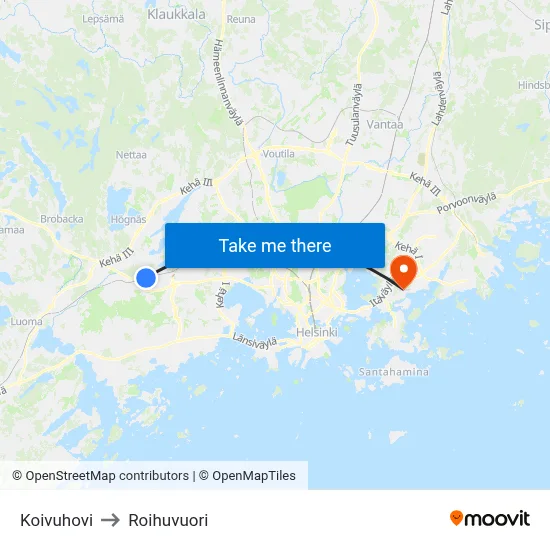 Koivuhovi to Roihuvuori map