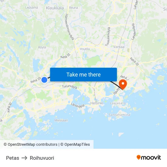 Petas to Roihuvuori map