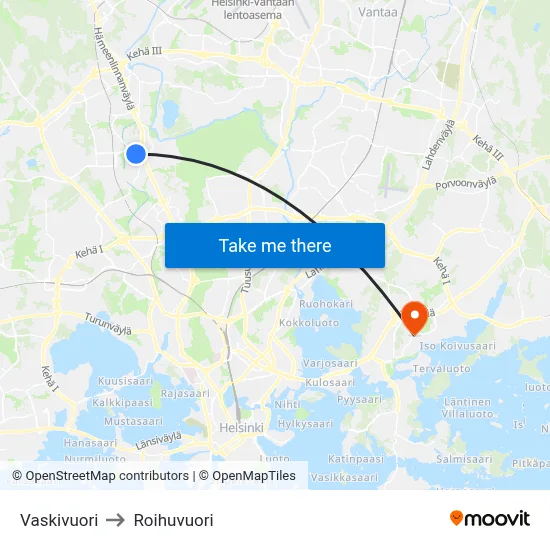 Vaskivuori to Roihuvuori map