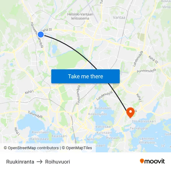 Mill Bay to Roihuvuori map