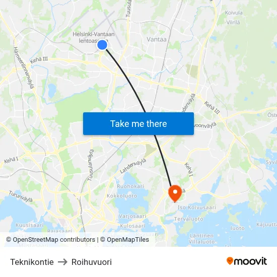 Teknikontie to Roihuvuori map