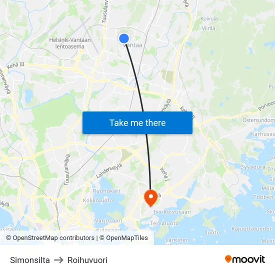 Simon Bridge to Roihuvuori map