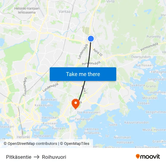 Pitkäsentie to Roihuvuori map