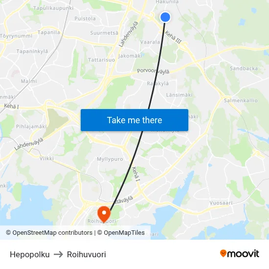 Hepopolku to Roihuvuori map