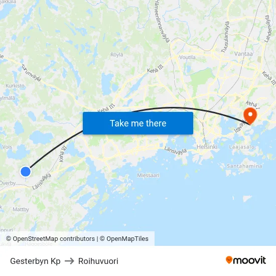 Gesterby Mall to Roihuvuori map
