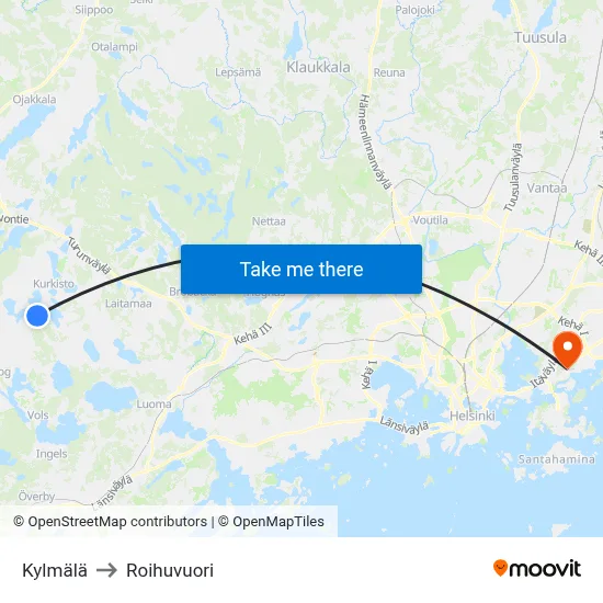Kylmala to Roihuvuori map
