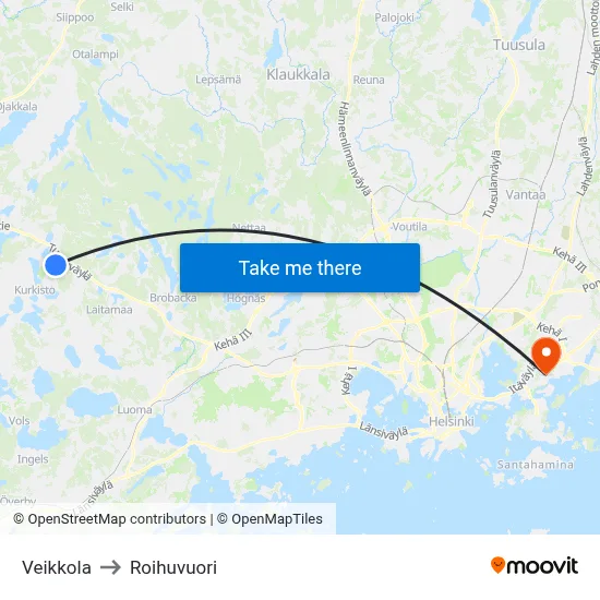 Veikkola to Roihuvuori map