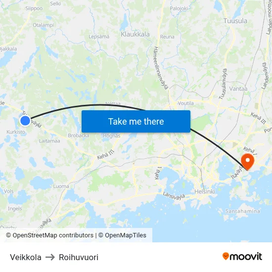 Veikkola to Roihuvuori map