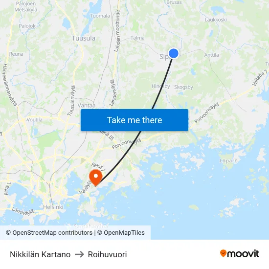 Nikkila Manor to Roihuvuori map