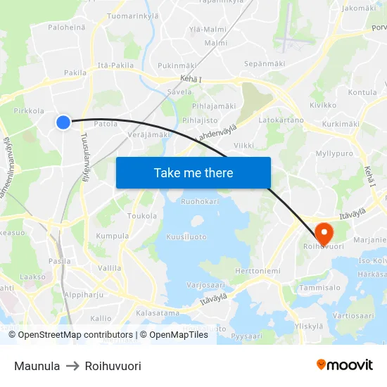 Maunula to Roihuvuori map