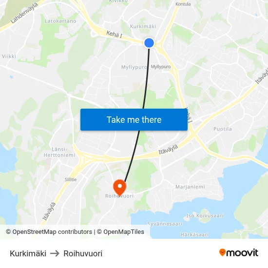 Kurkimäki to Roihuvuori map