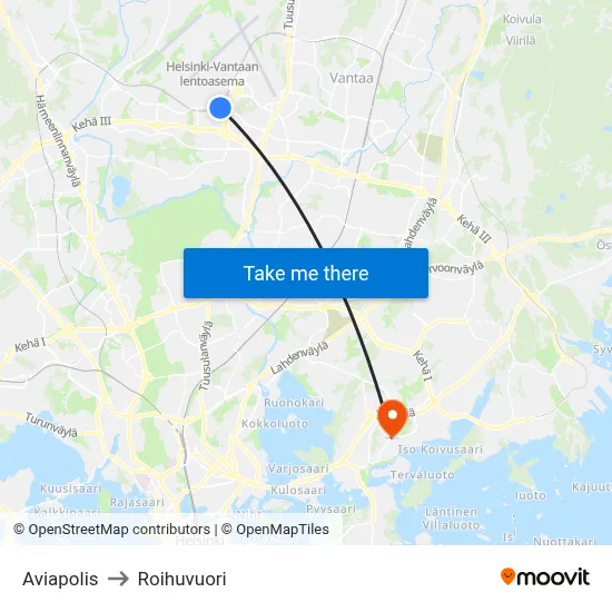Aviapolis to Roihuvuori map