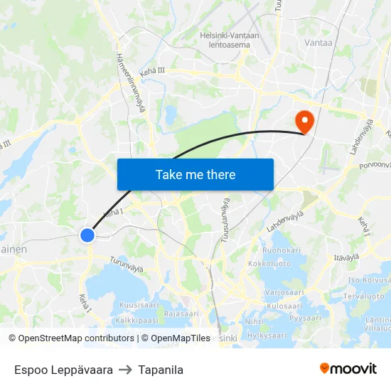 Espoo Leppävaara to Tapanila map