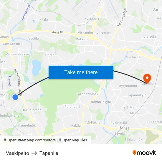 Vaskipelto to Tapanila map