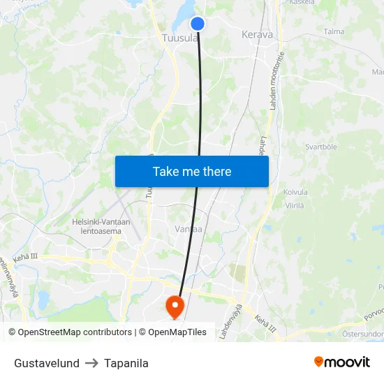 Gustavelund to Tapanila map