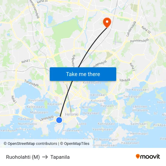 Ruoholahti (M) to Tapanila map