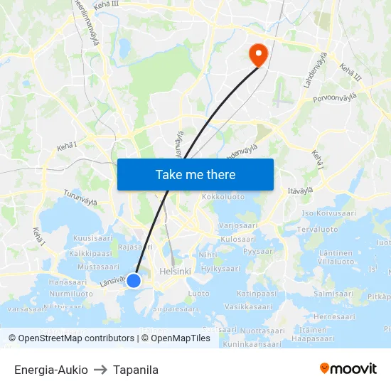 Energy Square to Tapanila map