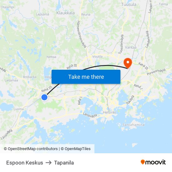 Espoon Keskus to Tapanila map