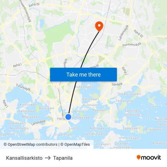National Archives to Tapanila map