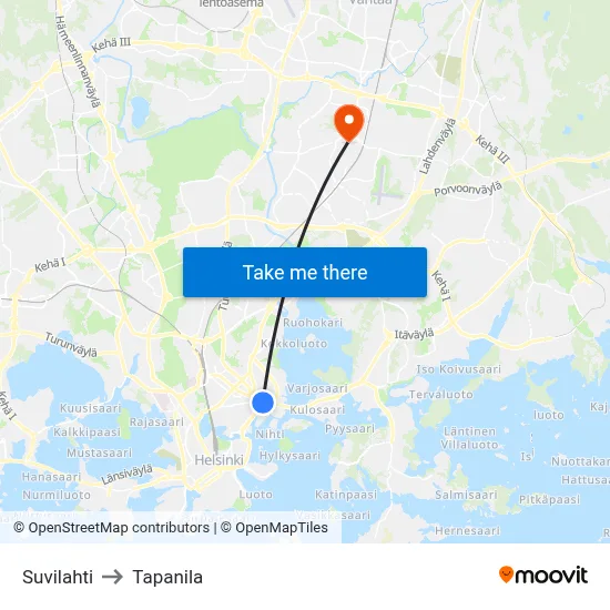 Suvilahti to Tapanila map
