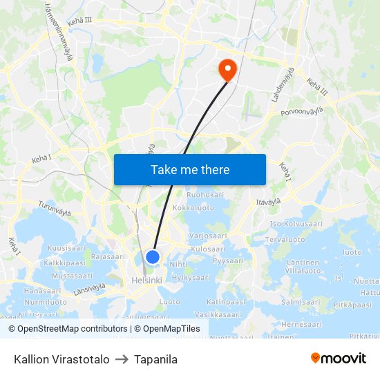 Kallion Virastotalo to Tapanila map