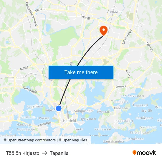 Töölö Library to Tapanila map