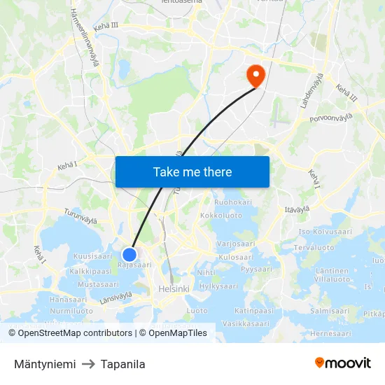 Mäntyniemi to Tapanila map
