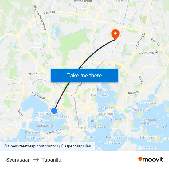 Seurasaari to Tapanila map
