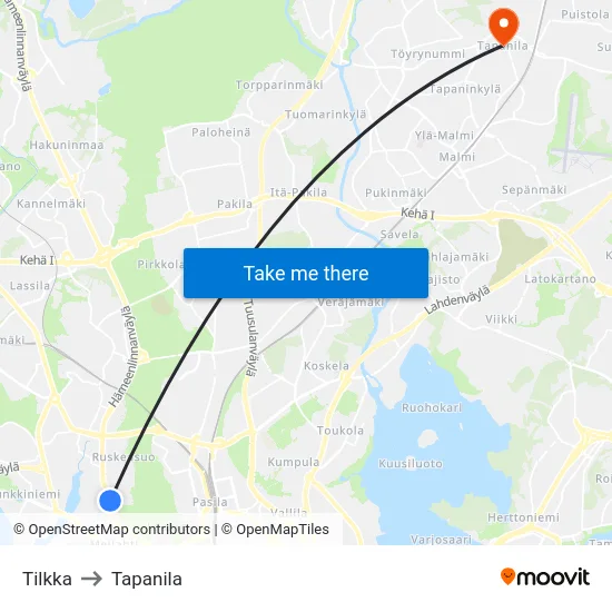 Tilkka to Tapanila map