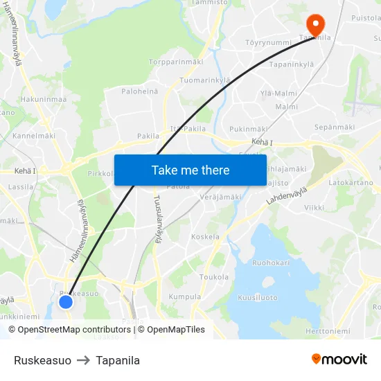 Ruskeasuo to Tapanila map