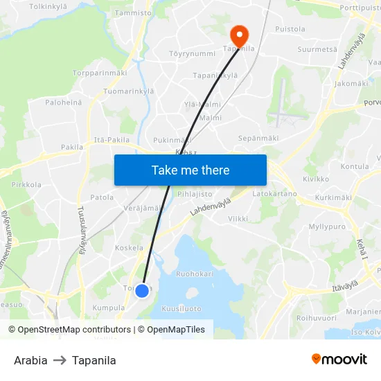 Arabia to Tapanila map