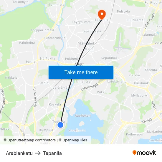 Arabiankatu to Tapanila map