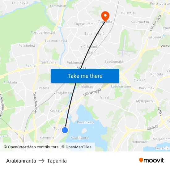 Arabianranta to Tapanila map