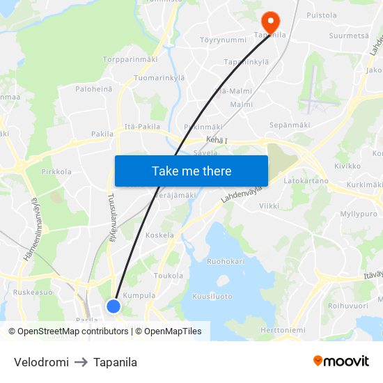 Velodromi to Tapanila map