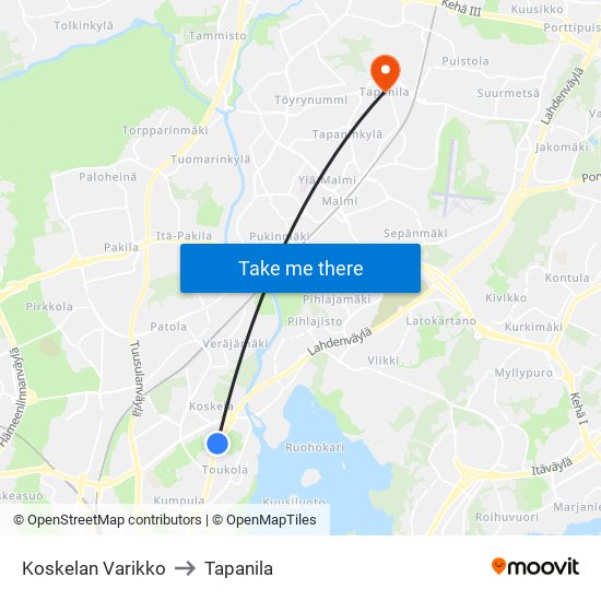 Koskelan Varikko to Tapanila map