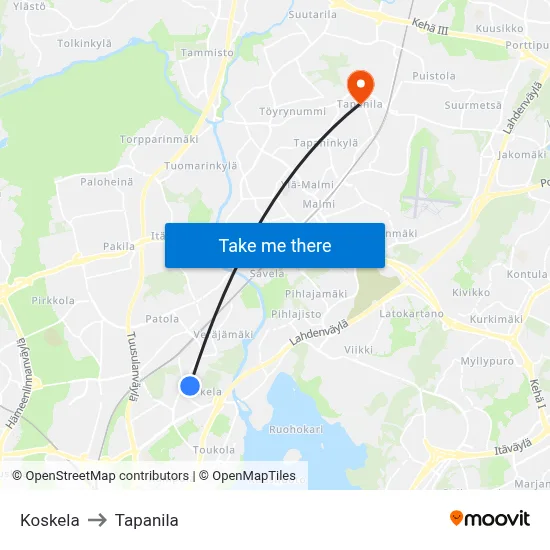Koskela to Tapanila map
