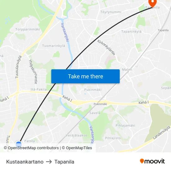 Kustaankartano to Tapanila map