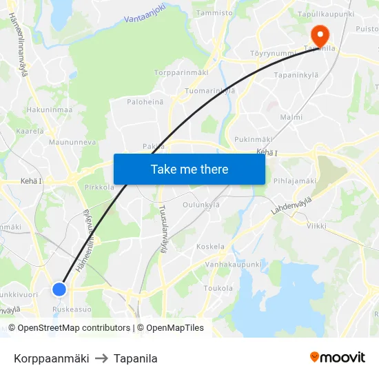 Korppaa Hill to Tapanila map