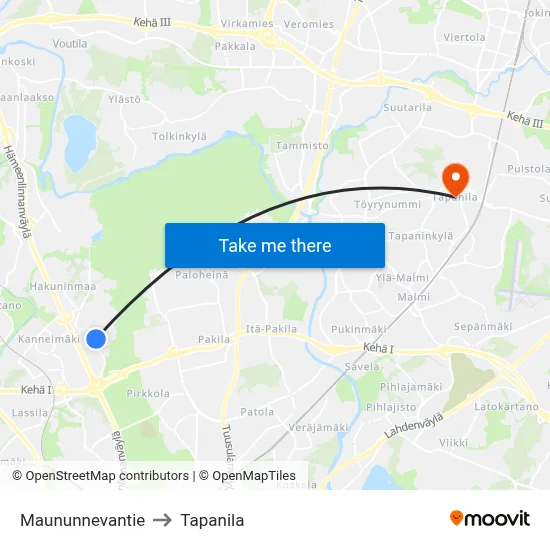 Maununneva Road to Tapanila map