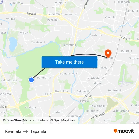 Kivimäki to Tapanila map