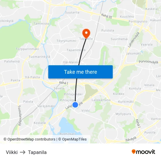 Viikki to Tapanila map