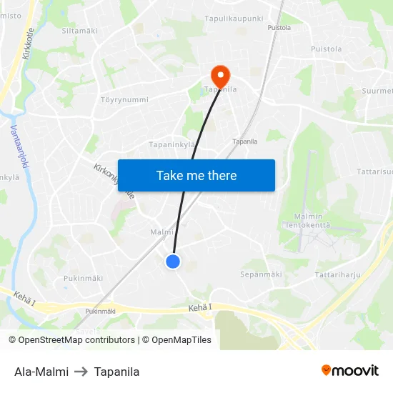 Lower Malmi to Tapanila map