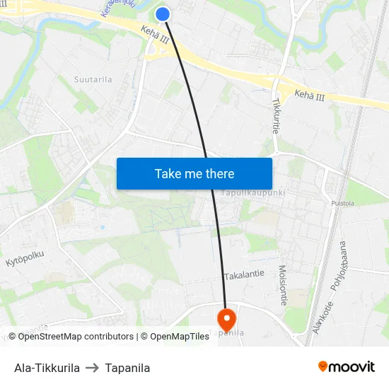 Lower Tikkurila to Tapanila map