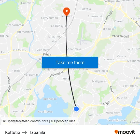 Kettutie to Tapanila map