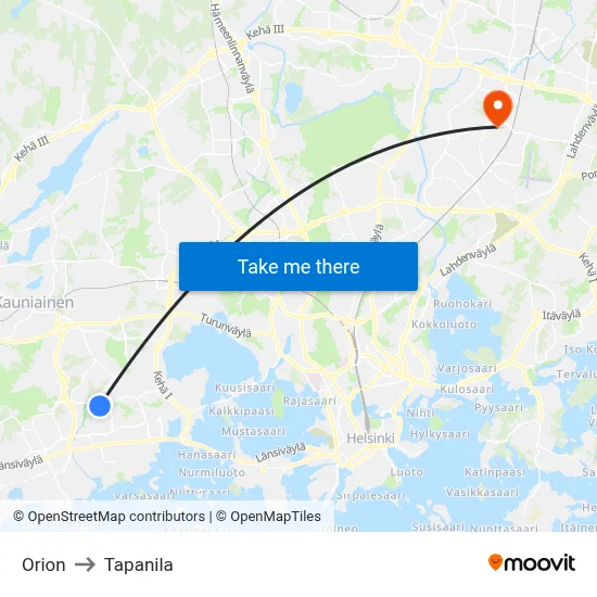 Orion to Tapanila map