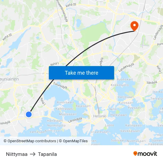Niittymaa to Tapanila map