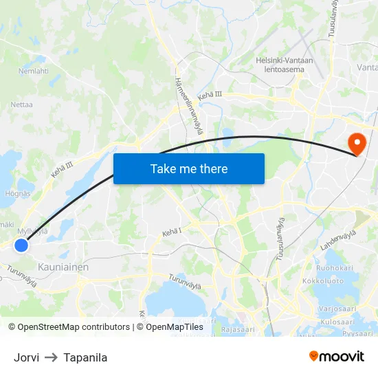 Jorvi to Tapanila map